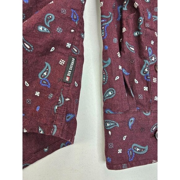 Ben Sherman Size Large Mens Burgundy Paisley Button Down Long Sleeve Logo Shirt - Picture 8 of 12